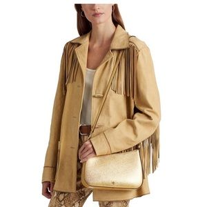 New Ralph Lauren Gold Crosshatch Leather Medium Danni Shoulder Bag